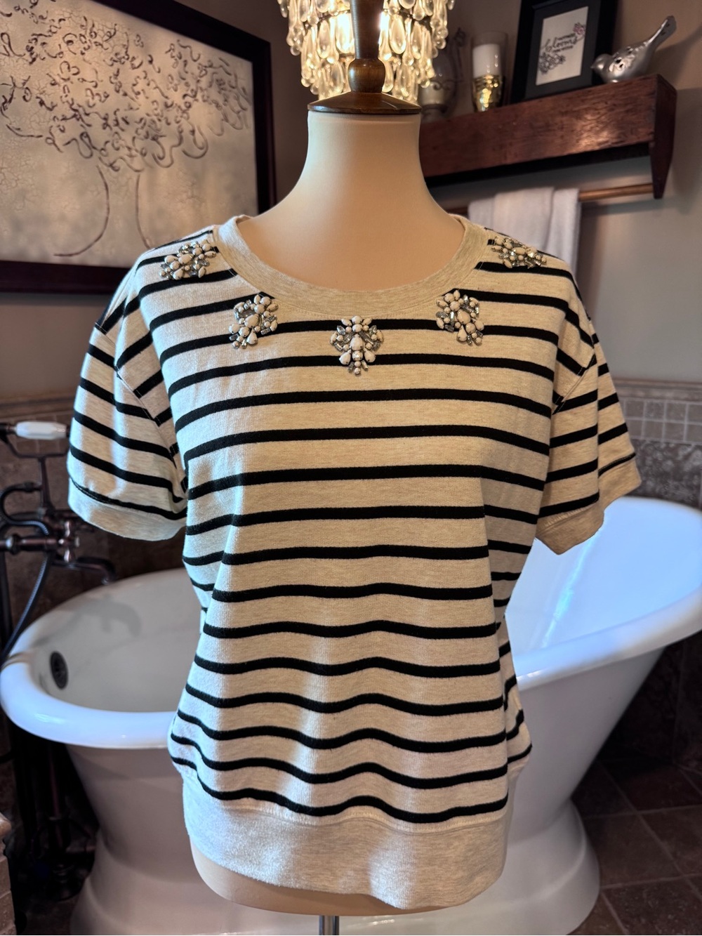 Sydney Embellished Black & Cream Striped Short Sleeve Top size medium